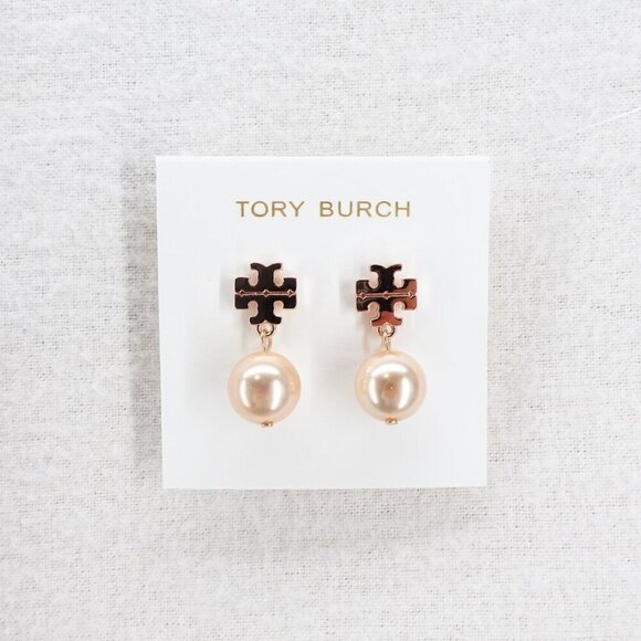 Tory Burch Faux Pearl Logo Drop Earrings Rose Gold OS - Picture 1 of 12